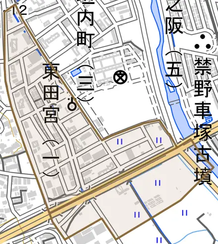 東田宮とその周辺の地図。町の範囲を重ねている
