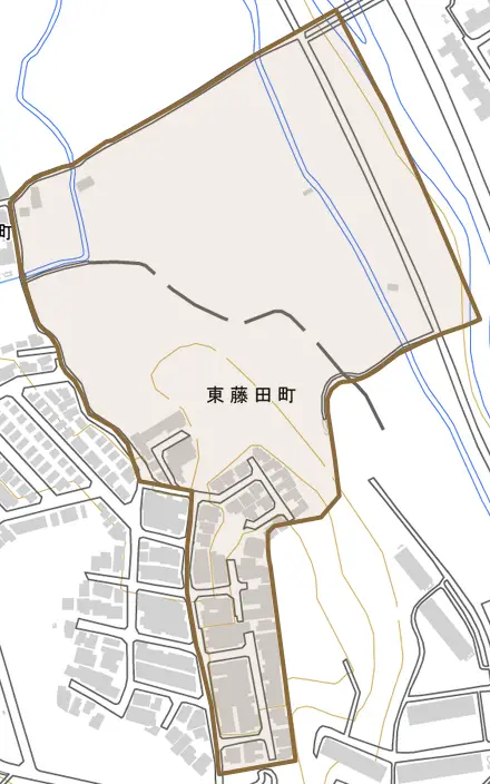 東藤田町とその周辺の地図。町の範囲を重ねている