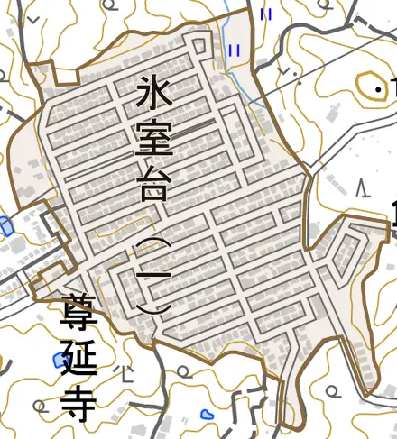 氷室台とその周辺の地図。町の範囲を重ねている