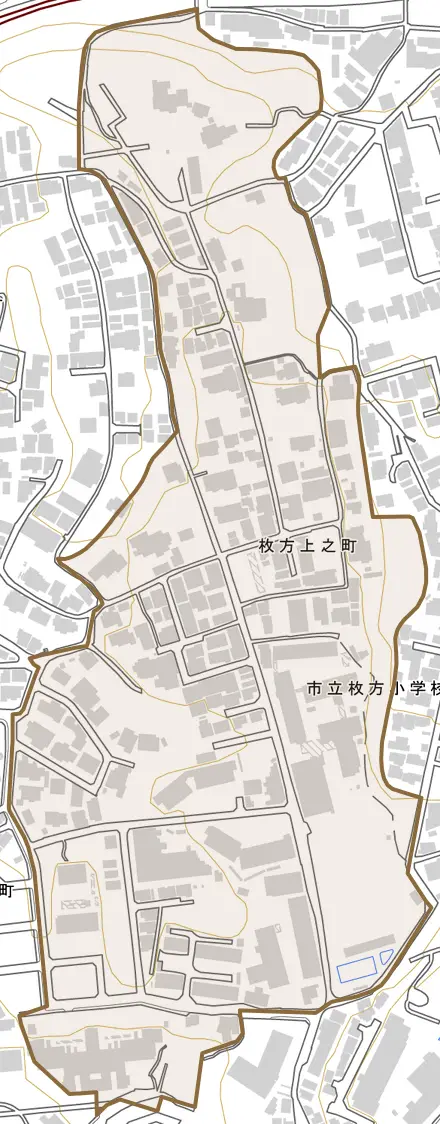 枚方上之町とその周辺の地図。町の範囲を重ねている