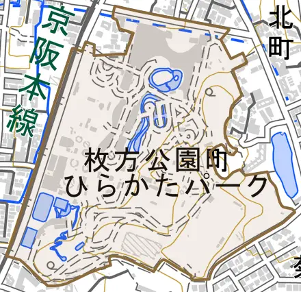 枚方公園町とその周辺の地図。町の範囲を重ねている