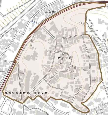 枚方元町とその周辺の地図。町の範囲を重ねている