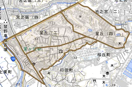 星丘とその周辺の地図。町の範囲を重ねている