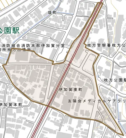 伊加賀東町とその周辺の地図。町の範囲を重ねている