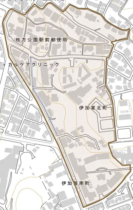 伊加賀北町とその周辺の地図。町の範囲を重ねている