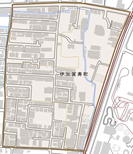 伊加賀寿町とその周辺の地図。町の範囲を重ねている