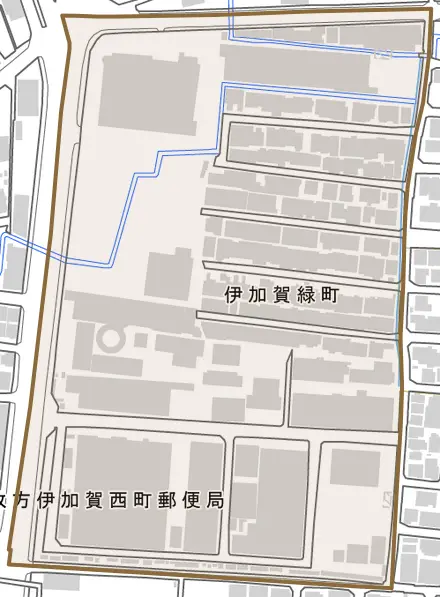 伊加賀緑町とその周辺の地図。町の範囲を重ねている