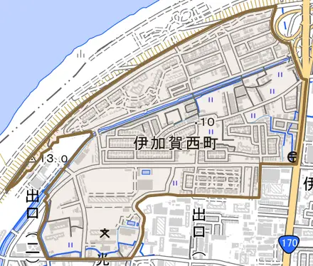 伊加賀西町とその周辺の地図。町の範囲を重ねている