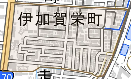 伊加賀栄町とその周辺の地図。町の範囲を重ねている