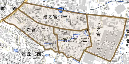 池之宮とその周辺の地図。町の範囲を重ねている