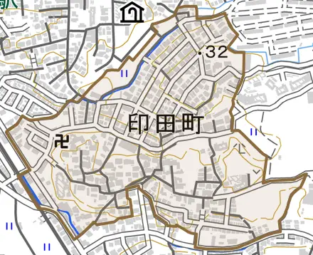 印田町とその周辺の地図。町の範囲を重ねている
