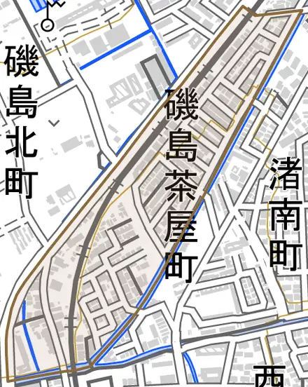 磯島茶屋町とその周辺の地図。町の範囲を重ねている