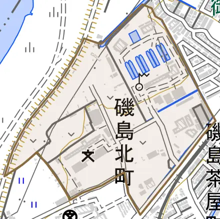 磯島北町とその周辺の地図。町の範囲を重ねている