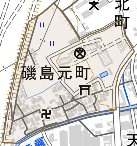 磯島元町とその周辺の地図。町の範囲を重ねている