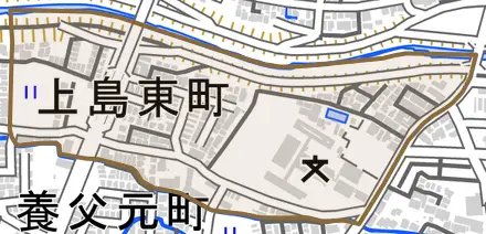 上島東町とその周辺の地図。町の範囲を重ねている