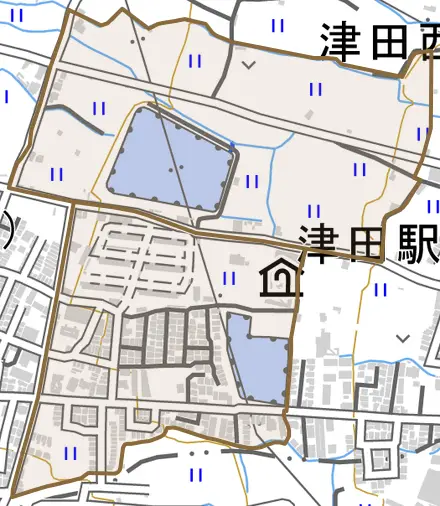 春日東町とその周辺の地図。町の範囲を重ねている