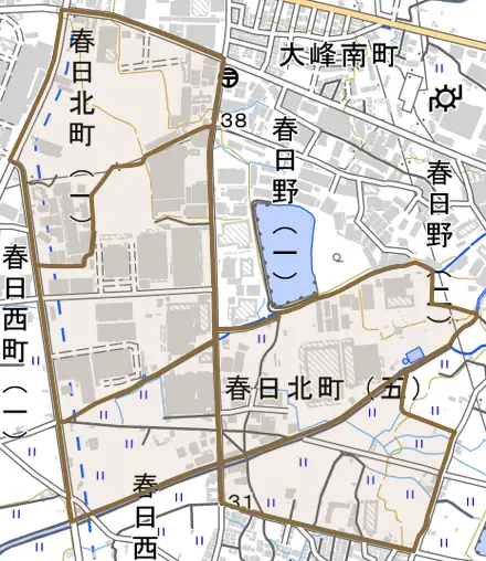春日北町とその周辺の地図。町の範囲を重ねている