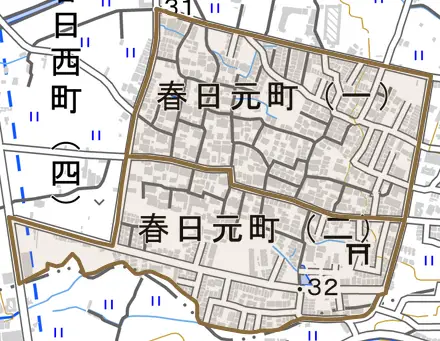 春日元町とその周辺の地図。町の範囲を重ねている