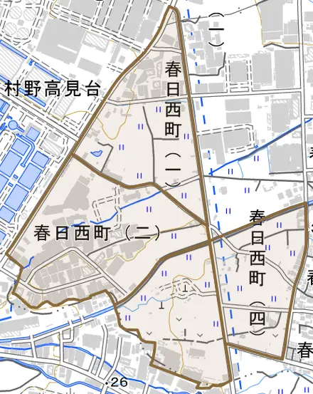春日西町とその周辺の地図。町の範囲を重ねている