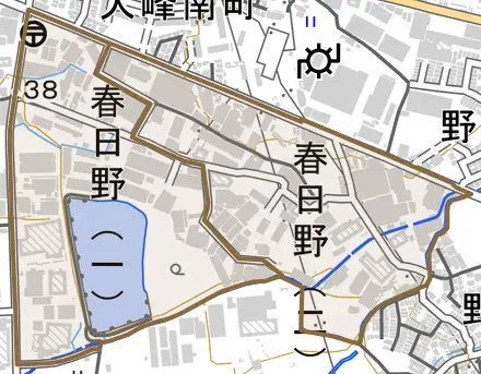 春日野とその周辺の地図。町の範囲を重ねている