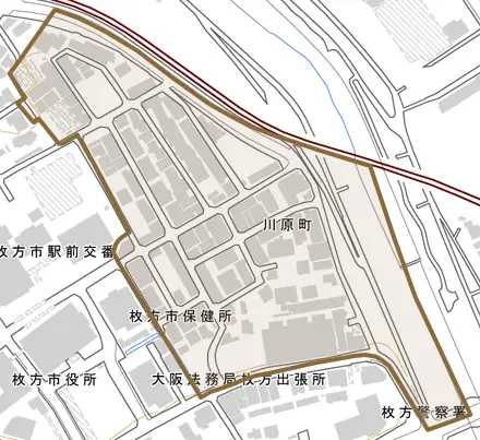 川原町とその周辺の地図。町の範囲を重ねている