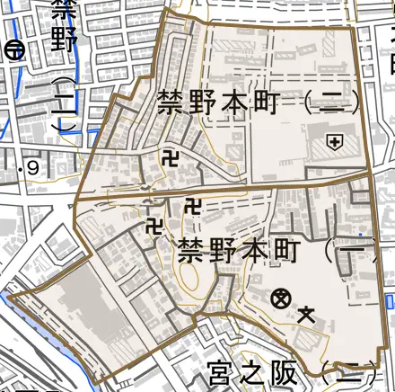 禁野本町とその周辺の地図。町の範囲を重ねている