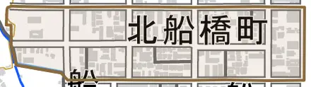 北船橋町とその周辺の地図。町の範囲を重ねている