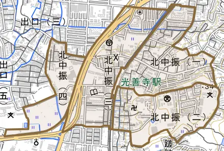 北中振とその周辺の地図。町の範囲を重ねている