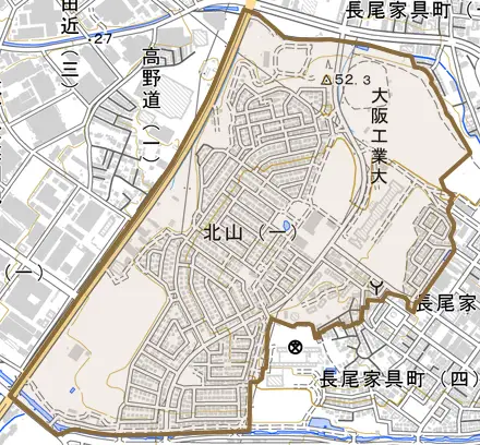 北山とその周辺の地図。町の範囲を重ねている