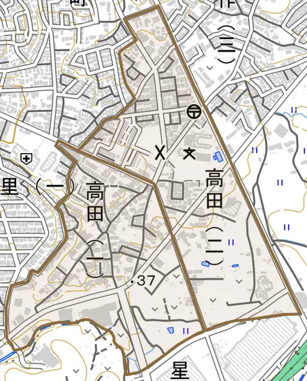 高田とその周辺の地図。町の範囲を重ねている