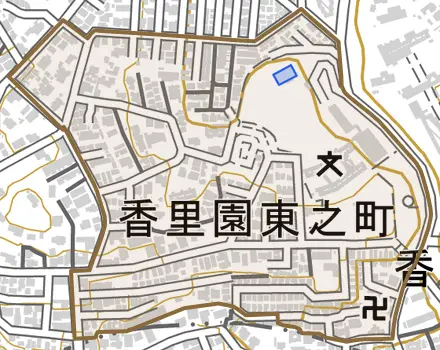 香里園東之町とその周辺の地図。町の範囲を重ねている