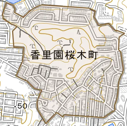 香里園桜木町とその周辺の地図。町の範囲を重ねている