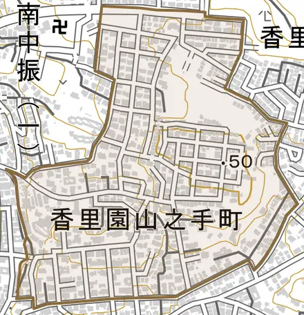 香里園山之手町とその周辺の地図。町の範囲を重ねている