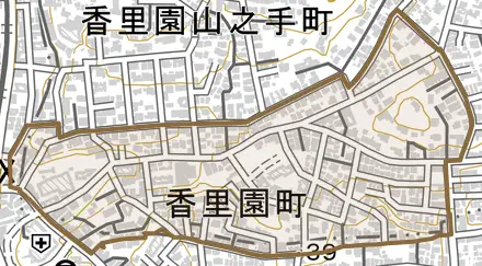 香里園町とその周辺の地図。町の範囲を重ねている