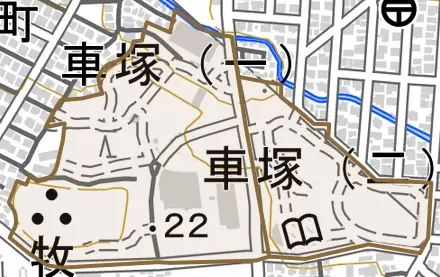 車塚とその周辺の地図。町の範囲を重ねている