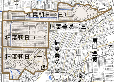 楠葉朝日とその周辺の地図。町の範囲を重ねている