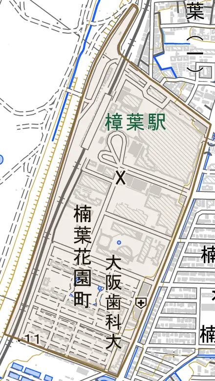 楠葉花園町とその周辺の地図。町の範囲を重ねている