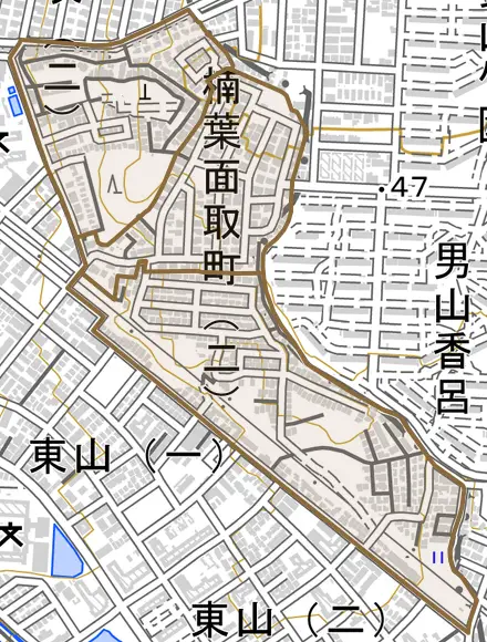 楠葉面取町とその周辺の地図。町の範囲を重ねている