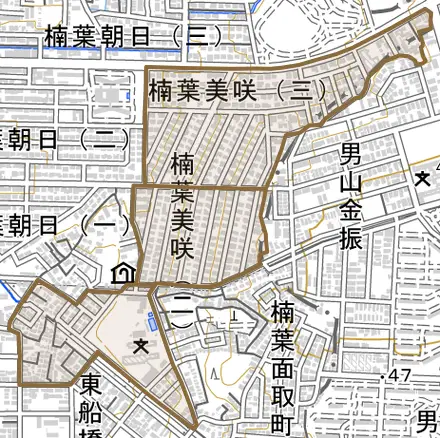 楠葉美咲とその周辺の地図。町の範囲を重ねている