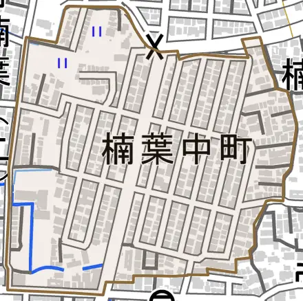 楠葉中町とその周辺の地図。町の範囲を重ねている