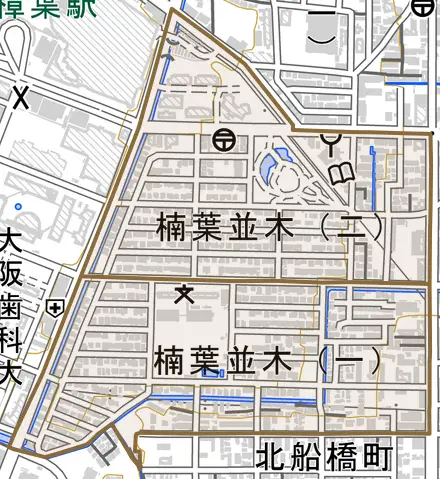 楠葉並木とその周辺の地図。町の範囲を重ねている