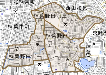 楠葉野田とその周辺の地図。町の範囲を重ねている