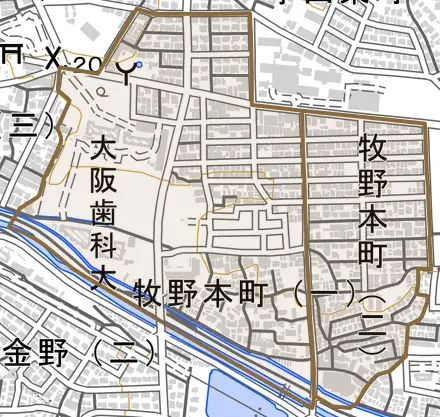 牧野本町とその周辺の地図。町の範囲を重ねている