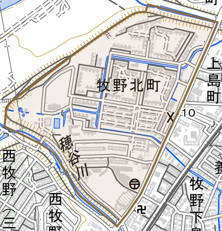牧野北町とその周辺の地図。町の範囲を重ねている