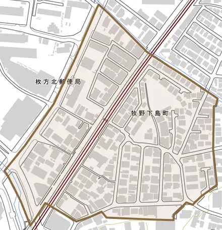 牧野下島町とその周辺の地図。町の範囲を重ねている