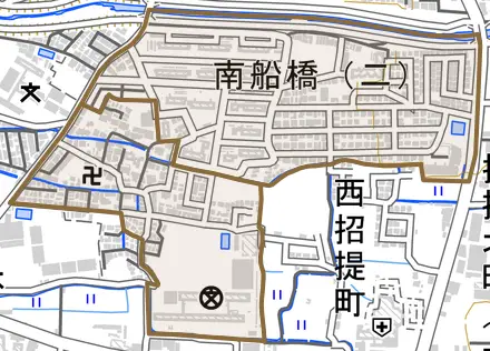 南船橋とその周辺の地図。町の範囲を重ねている