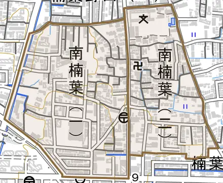 南楠葉とその周辺の地図。町の範囲を重ねている