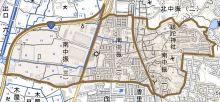 南中振とその周辺の地図。町の範囲を重ねている
