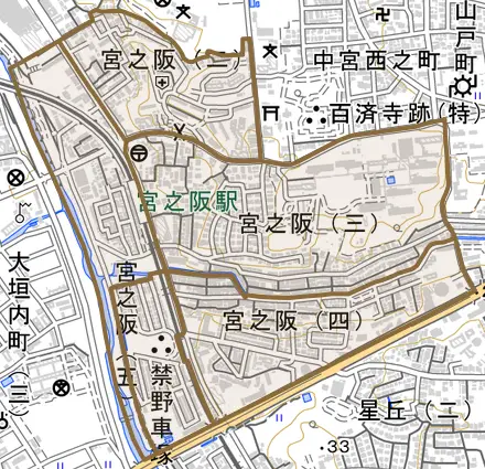 宮之阪とその周辺の地図。町の範囲を重ねている