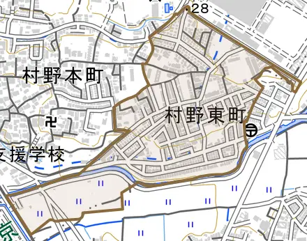 村野東町とその周辺の地図。町の範囲を重ねている